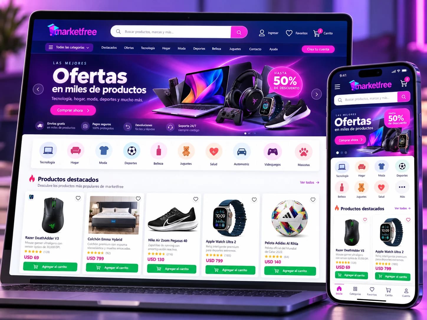 Presentación de Marketfree en computadora y celular, con categorías y catálogo de productos