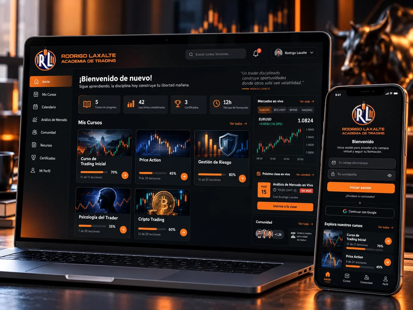 Presentación de la academia de trading Rodrigo Laxalte, con cursos y acceso al campus virtual